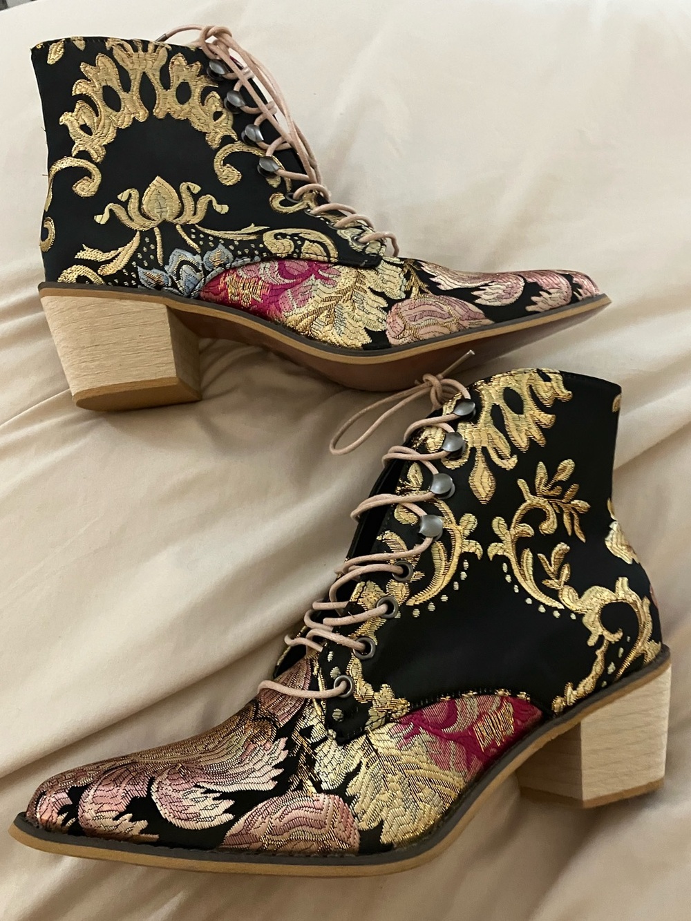 Vintage Style Floral Brocade Embroidered Lace Up Ankle Boots Chunky Heel Size 43
